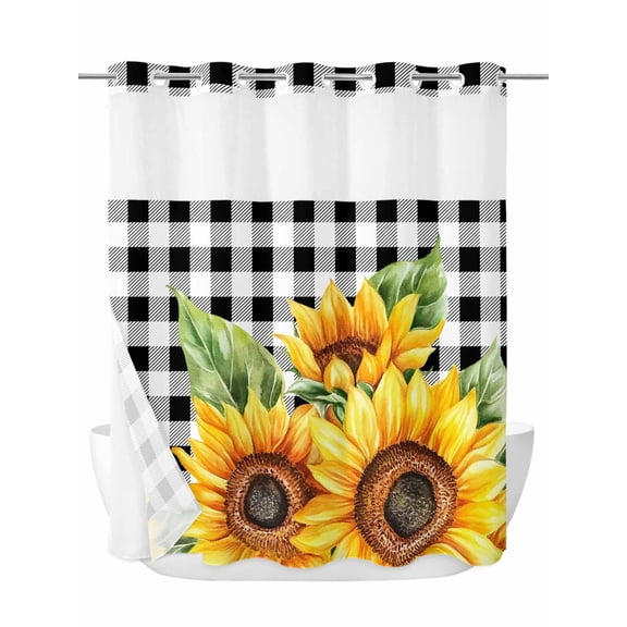Rustic Sunflower No Hook Shower Curtain and Liner Set Country Floral Pastoral Black Buffalo Plaid Shower Curtains with Snap-in Liner & See Through Top Window Hotel Style for Bathroom Decor 66x72 Inch