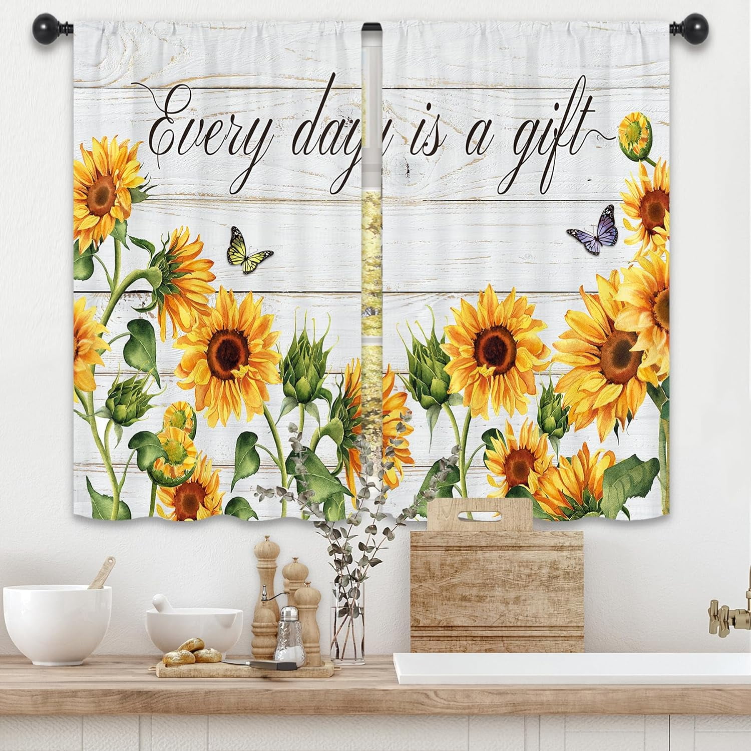 Rustic Sunflower Kitchen Curtains 27.5W x 39L Inch Farmhouse Country ...