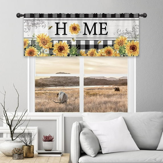 Rustic Sunflower Kitchen Curtains 52Wx18H Inch Rod Pocket Farmhouse Flower Valance Buffalo Plaid Yellow Floral Country Plant Botanical Spring Black White Small Window Drapes Fabric 2 Panels