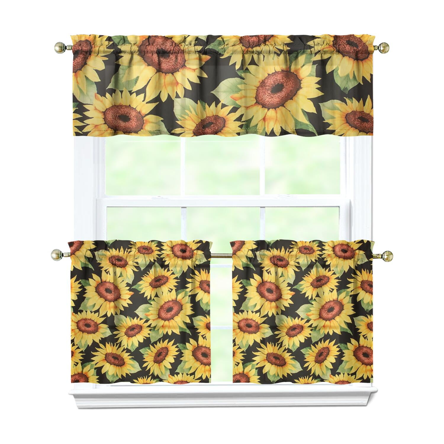 Rustic Sunflower Kitchen Curtains Set - 3 PCS Boho Floral Tier ...