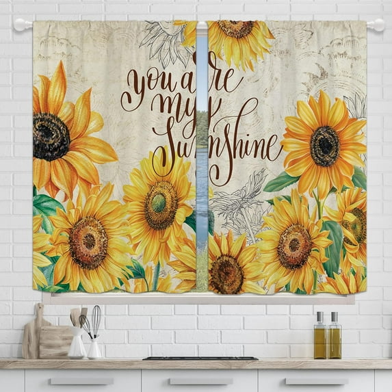 Rustic Sunflower Kitchen Curtains, Yellow Floral Curtains for Kitchen, Vintage Country Flower Cafe Window Tier Quote Retro Small Short Bathroom Window Treatment Drapes 27.5x39 Inch