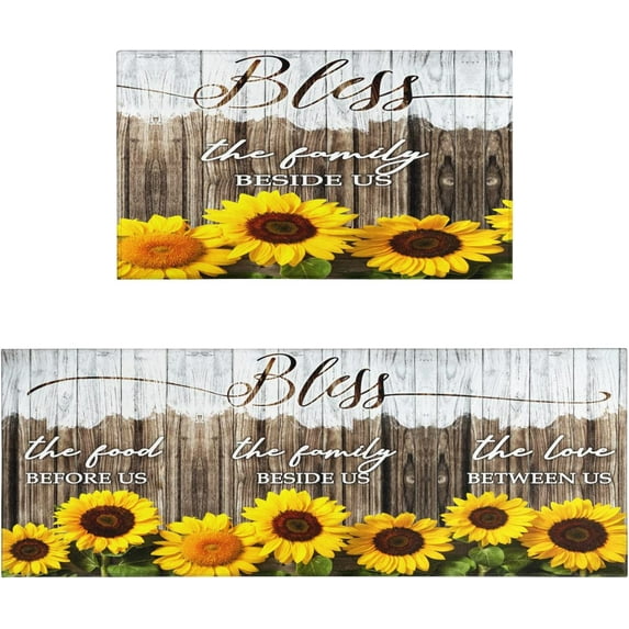 Rustic Sunflower Kitchen Rugs Sets of 2, Sunflower Bless Kitchen Mat Washable Non-Slip Kitchen Floor Mats for in Front of Sink Sunflower Kitchen Decor