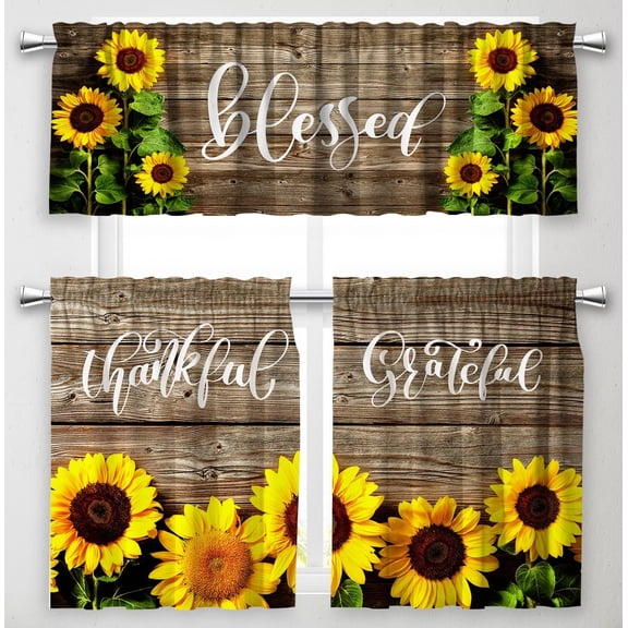 HNQEICB 3 Piece Kitchen Curtain Set Rustic Sunflower Blessed Grateful and Thankful Farmhouse 52 x 18 inches and 25 x 39 inches