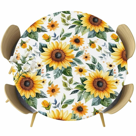 Rustic Sunflower Round Fitted Table Cover Floral Leaf Farmhouse Waterproof Table Cloth with Elastic Edge Wipeable Tablecloth for Picnic Camping Party Fits 36"-44" Diameter