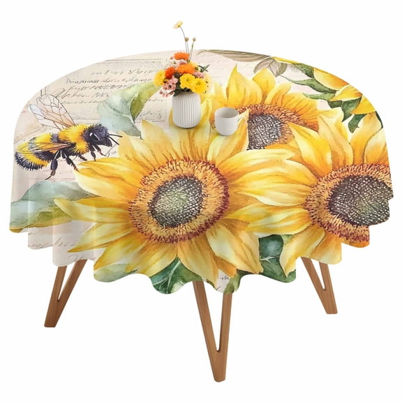 Rustic Sunflower Round Tablecloth 54 inches Bee Country Floral Retro Letter Background Waterproof Oil-Proof Table Cloth Round Table Cover for Holiday Party Picnic Dinner Decor Indoor and Outdoor Use