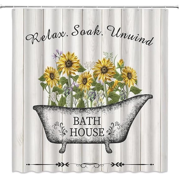 Rustic Sunflower Shower Curtain Yellow Sunflowers Floral Bathtub Bathroom Rules Vintage Wooden Board Country Barn Plank Fabric Bathroom Curtains Decor Set With Hooks 60"W x 72"L (Pack of 1)