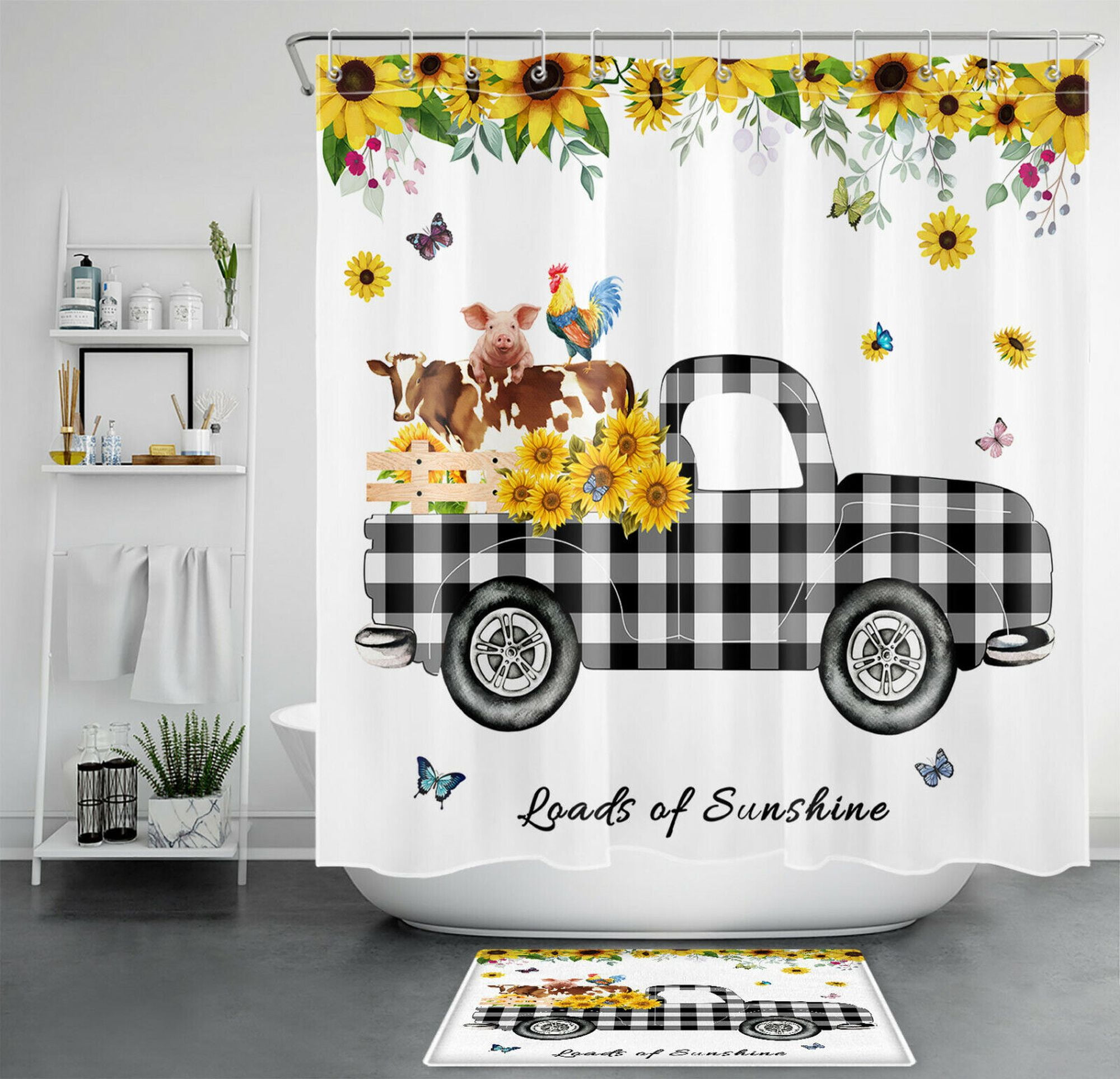 Rustic Sunflower Shower Curtain and Vintage Buffalo Plaid Truck