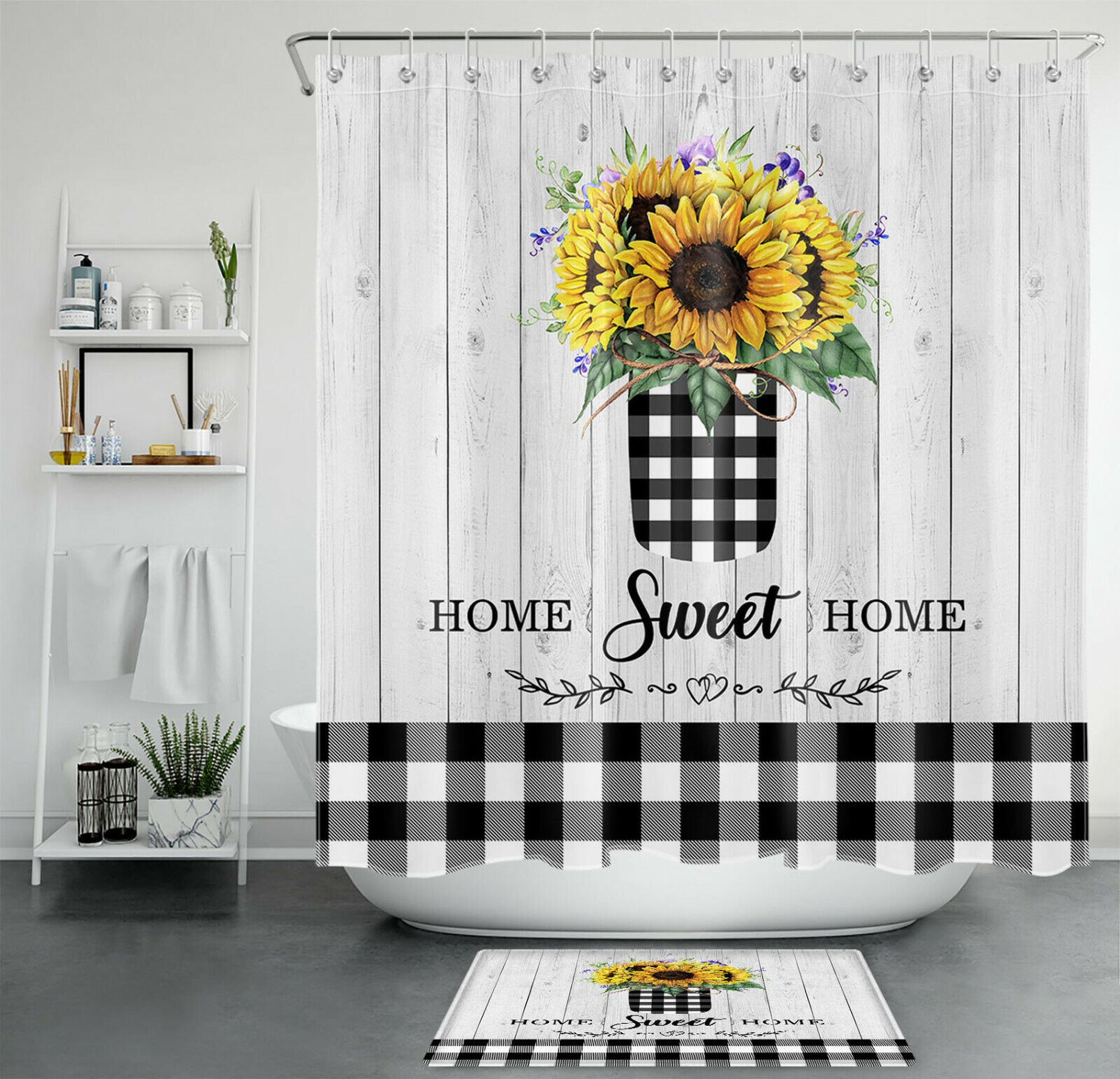 Rustic Sunflower Shower Curtain with Buffalo Check and Barnwood Accents