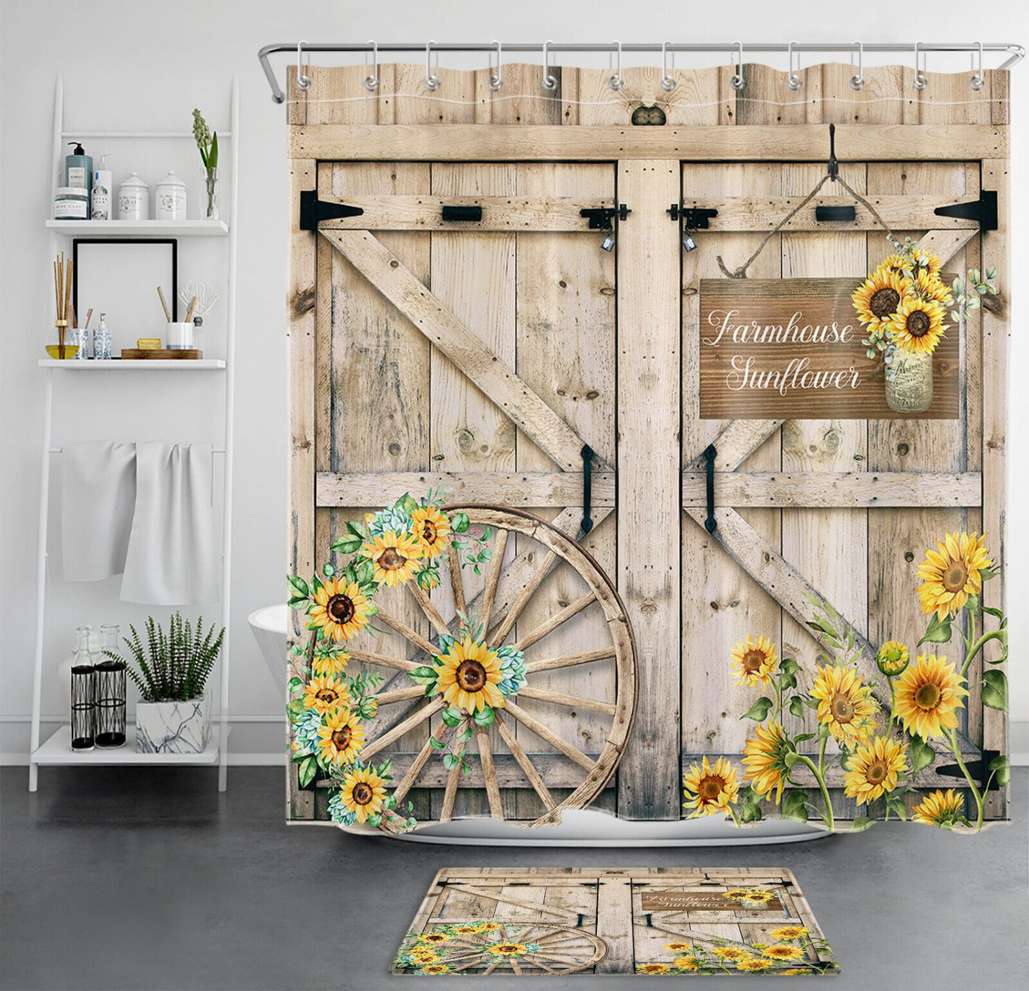 Rustic Sunflower Shower Curtain with Vintage Wooden Barn Door