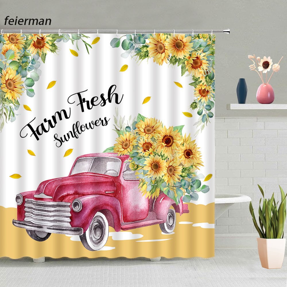 Rustic Sunflower Shower Curtains Retro Blue Truck Yellow White Flowers