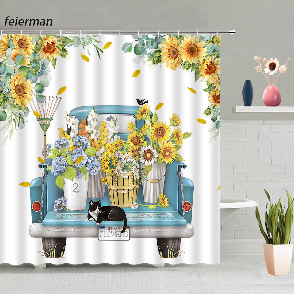 Rustic Sunflower Shower Curtains Retro Blue Truck Yellow White Flowers