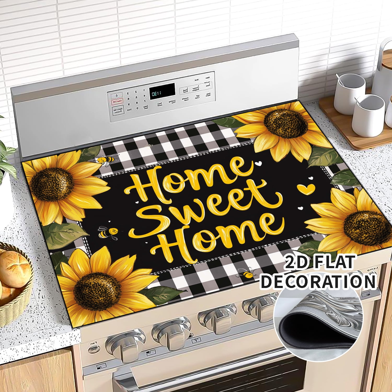 Rustic Sunflower Stove Top Covers for Electric Stove, 28'x20'' Country Floral Pastoral Black  Plaid Glass Ceramic Stove Cover , Mat Heat Resistant Cooktop Protector for Kitchen