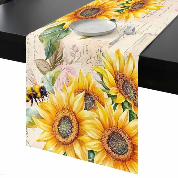 Rustic Sunflower Table Runner 13x36 Inch Bee Country Floral Retro Letter Background Table Runner Non-Slip Dresser Scarves for Holiday Decorations, Party, Dinner and Gatherings, 1 Pack