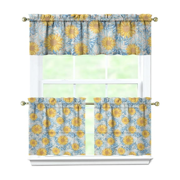 Rustic Sunflower Tier Curtains Set - 3 PCS Boho Floral Kitchen Curtains with Valance, Yellow Farmhouse Rod Pocket Window Panels, Country Style