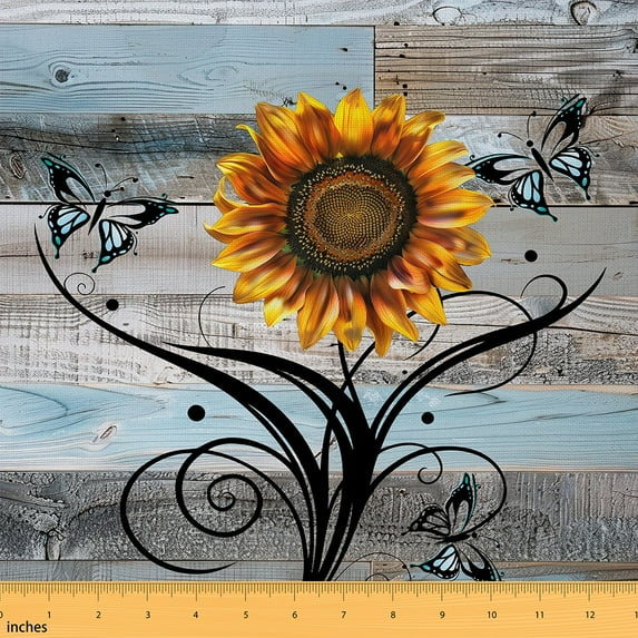 Rustic Sunflower Upholstery Fabric For Chairs Sofa,Yellow Floral Fabric By The Yard,Butterfly Decorative Fabric,Modern Aesthetic Waterproof Fabric,Retro Wooden Cabin Indoor Outdoor Fabric,3 Yards