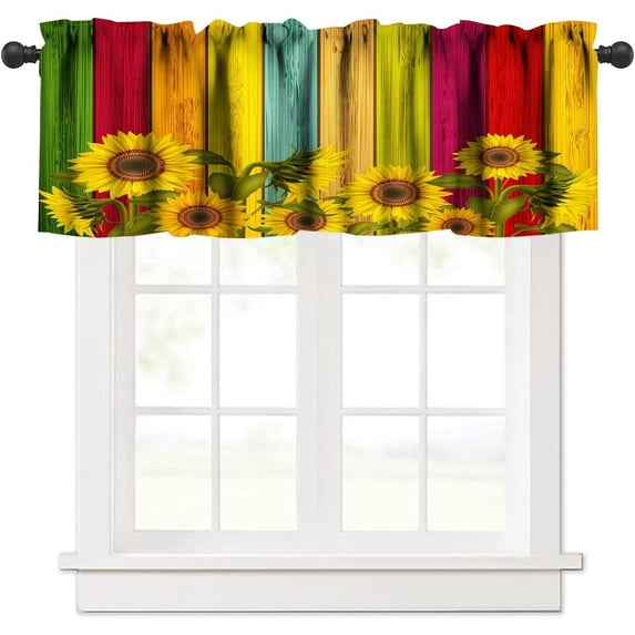 Rustic Sunflower Valance Curtain Floral Retro Daisy Wooden Barn Rural Style Rod Pocket Valance Window Treatments 1 Panel Short Curtains for Kitchen Farmhouse Bathroom 54 x 18 in