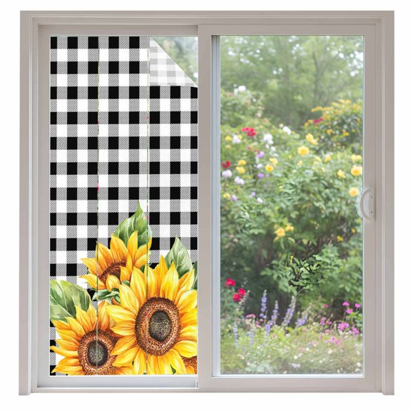 Rustic Sunflower Window Privacy Film Country Floral Pastoral Black Buffalo Plaid Decorative Glass Window Film UV Blocking Static Cling Non-Adhesive Sticker Covering for Home Door 35.4x78.7 inches