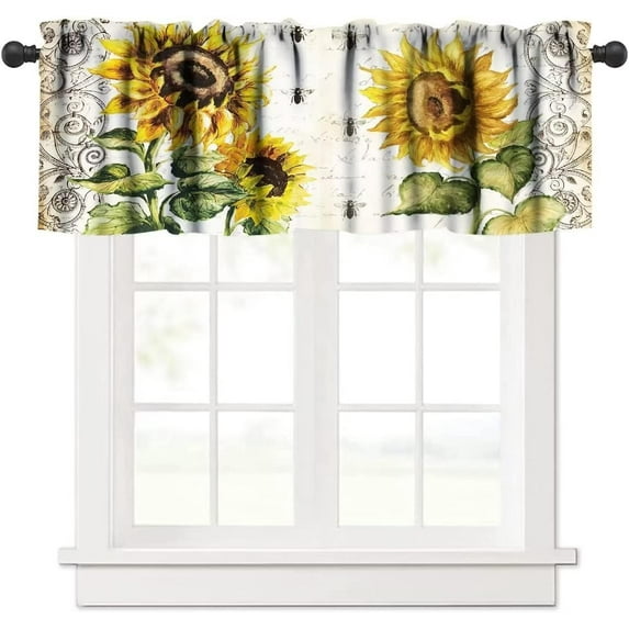 Rustic Sunflower Window Valance Curtain, Vintage Yellow Flowers Green Leaves Bee Hand Painted Pattern Window Valances Treatments for Kitchen Living Room Café Décor 54''x18'', 1 Panel