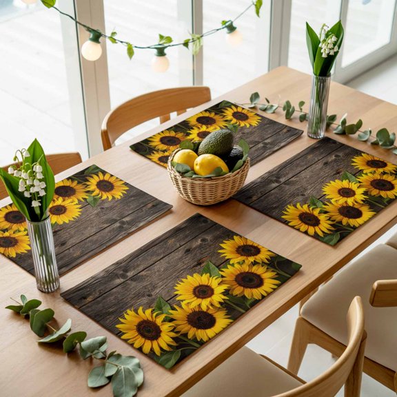 Rustic Sunflower Wood Board Placemats Set of 4,Wipeable Washable Table Mats for Dining Tables, Spring Yellow Flower Retro Wooden Place Mats for Kitchen Event Party Tabletop Decor