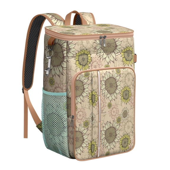 Rustic Sunflower and Wildflowers Cooler Backpack - 20L Leakproof Insulated Lunch Bag for Camping, Hiking & Outdoor, Sunny Vintage Aesthetic