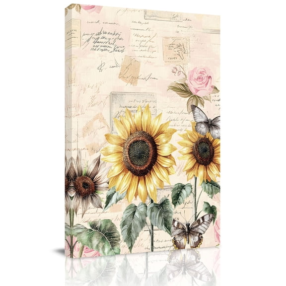 Rustic Sunflowers Canvas Wall Art for Living Room, Butterfly Country Floral Vintage Background Poster Print Painting for Bedroom Office Home Decoration Wall Pictures Prepare To Hang 16"x16"