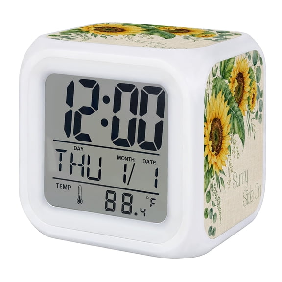 Rustic Sunflowers Digital Alarm Clock for Bedrooms,Smart LED Alarm Clock with 7 Color Changing Night Light,Farmhouse Eucalyptus Leaves Botanical Silent Wake Up Clocks for Sleep Study 3.2"x3.2"