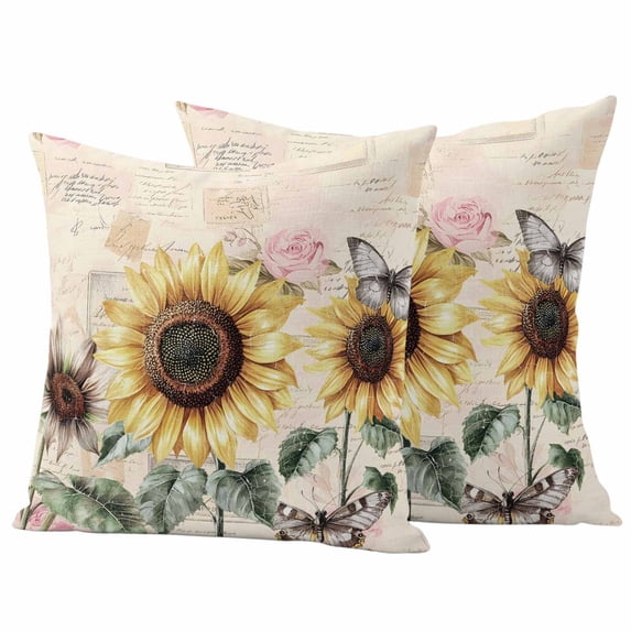 Rustic Sunflowers Pillow Covers 2 Pack Butterfly Country Floral Vintage Background Pillowcase Waterproof Outdoor Throw Pillow Cover for Patio Garden Square Cushion 20”x20”