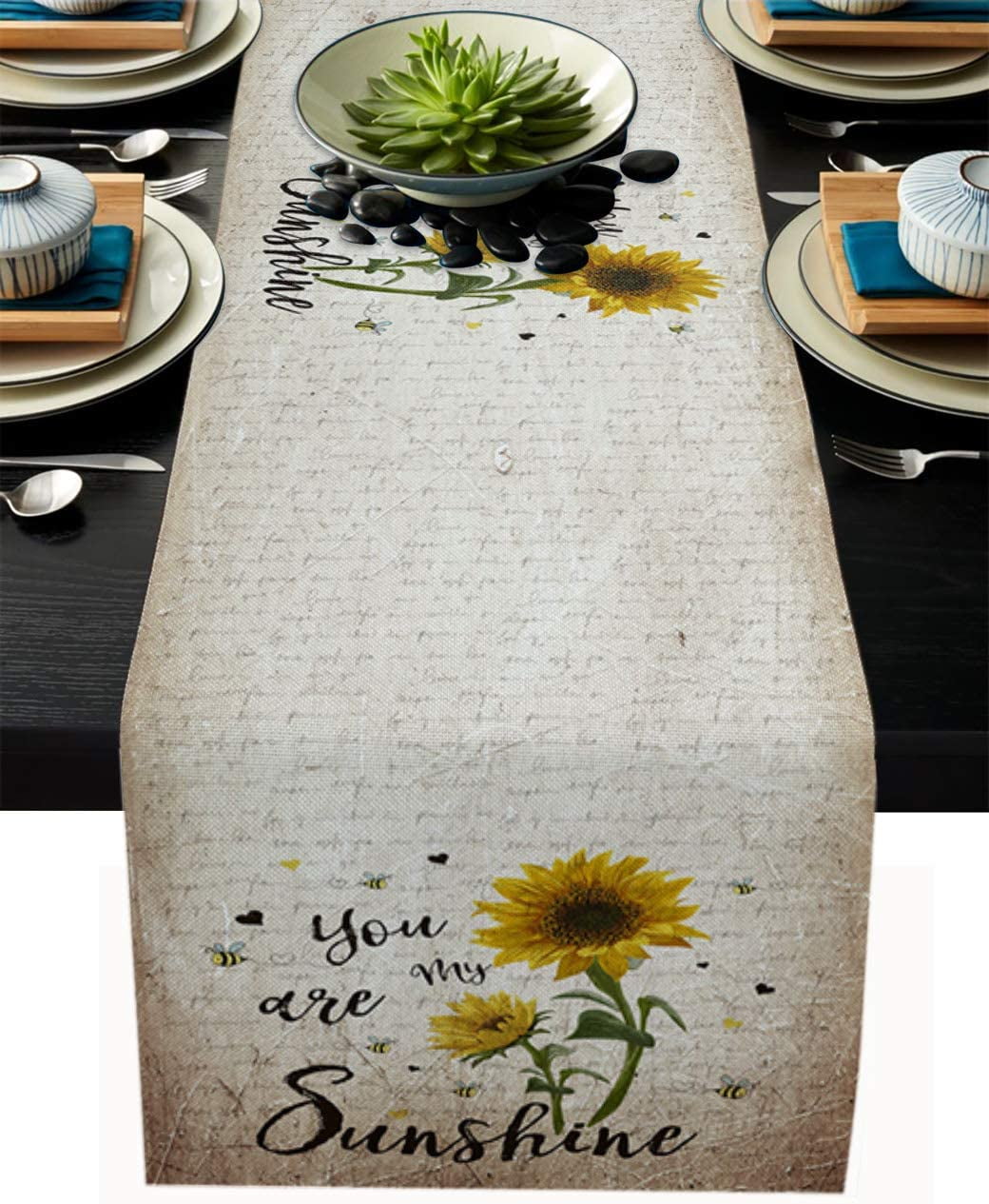 Rustic Sunflowers Table Runner 90 Inch LinenCotton Blend Farmhouse