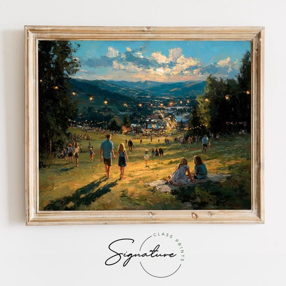 Rustic Sunset Hillside, Earthy Landscape Art with Children, Cozy Evening Scene, Cottagecore Wall Decor, 4046 Unframed Paper Print