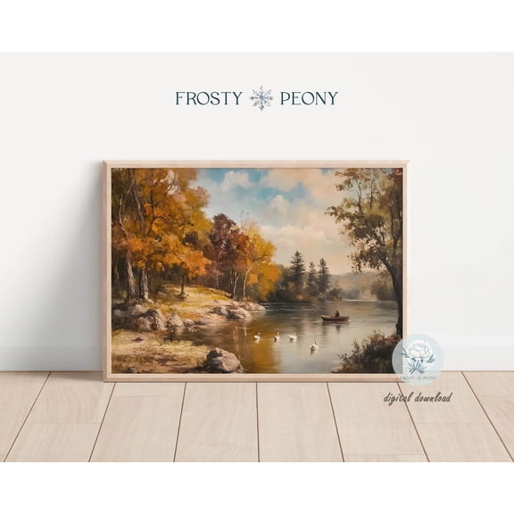 Rustic Swans In Autumn Lake Art Print, Autumn Riverbank Landscape Wall Decor, Fall River Landscape Art, Wall Art, Modern Wall Decor, 8x12 UNFRAMED