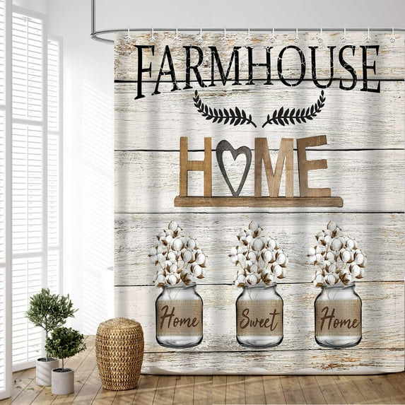 Rustic Sweet Love Home Fabric Shower Curtain, Farmhouse Country Vintage Wood Plank Cotton Shower Curtains for Bathroom Decor, Waterproof Polyester Durable with 12 Hooks,72x72