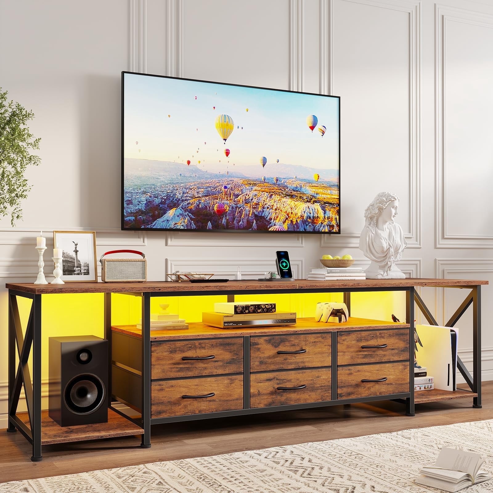Rustic TV Stand with LED Lights for TVs up to 85 Inches, 6 Drawers Entertainment Center with Open Storage Shelves & Power Outlets, 71" TV Media Console Table for Living Room Bedroom,Brown