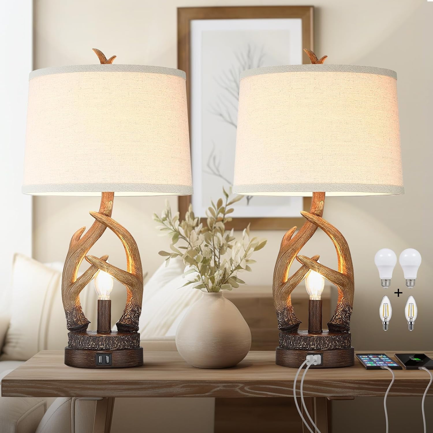 Rustic Table Lamps Farmhouse Antler Lamps Set of 2 Western Bedside ...