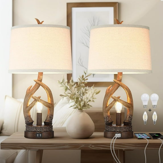 Rustic Table Lamps Farmhouse Antler Lamps Set of 2 Western Bedside Lamps for Bedroom with USB Charging Ports Nightlight,Vintage Resin Nightstand Table Lamps for Living Room (Bulbs Included)