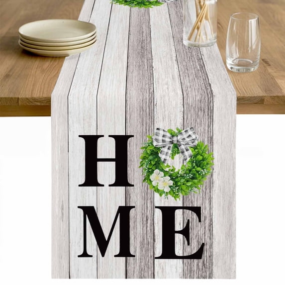 Rustic Table Runner 90 Inches Long Farmhouse Dress Scarves, Eucalyptus Leaves Green Wreath Wooden Plaid Home Dining Tablerunner for Coffee Table/Kitchen Island/Party Décor, 13" x 90"