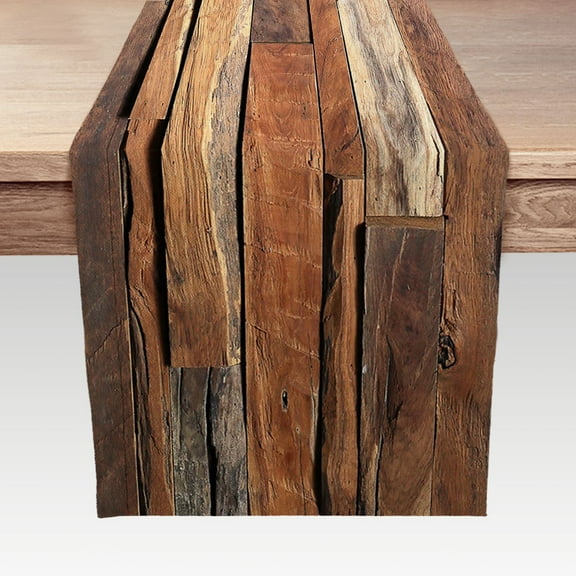 Rustic Table Runner, Farmhouse Brown Barn Wood Linen Table Runner, Retro Country Style Vintage Farmhouse Holiday Decor for Kitchen Dining Room Coffee Table 13 x 72 Inches