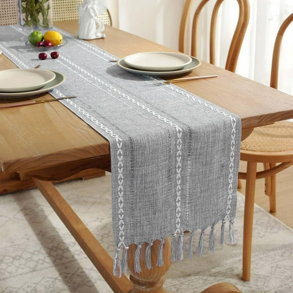 Rustic Table Runner Farmhouse Rustic Style 13“ x 72”, Braided Striped Linen Cream Table Runner with Tassels for Dining Room Kitchen Reading Dresser Déco-Light grey