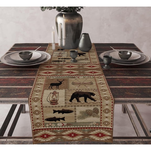 Rustic Table Runner, Retro Patchwork Farmhouse Cabin Aztec Geometric Texture Woodland Wildlife Elk Brown Bear Print Table Runner for Kitchen Dining Room Party Table Decor13x120in