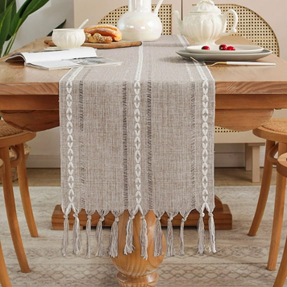 Rustic Table Runner with Tassels, Boho Table Runners, Farmhouse Table Runner for Holiday Party Home Decor Bohemian Dining Wedding-Coffee, 13x108 Inches