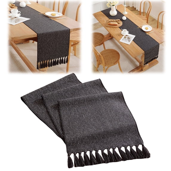 Rustic Table Runner With Tassels, Burlap Linen Style Rustic Farmhouse Table Runner, Boho Woven Dining Table Runner, Party and Wedding Tabletops Decor 13x80 Inches, Black