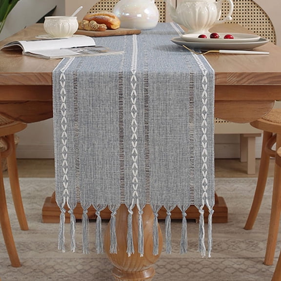 Rustic Table Runner with Tassels, Boho Table Runners, Farmhouse Table Runner for Holiday Party Home Decor Bohemian Dining Wedding-Gray, 13x72 Inches