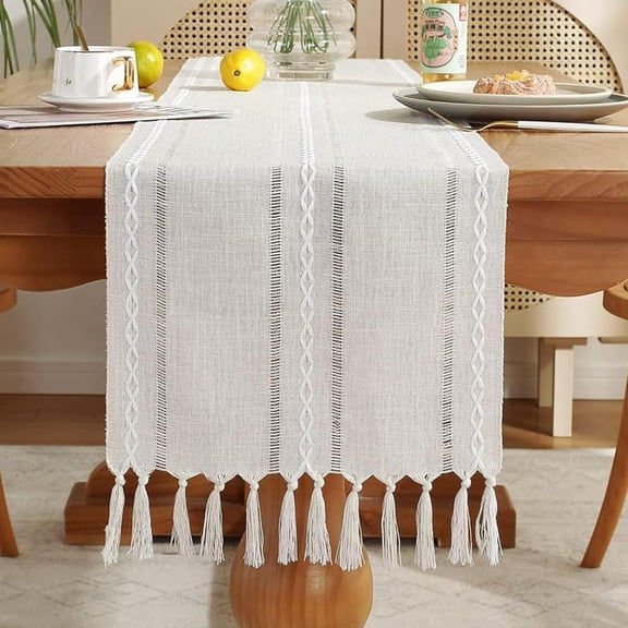 Rustic Table Runner with Tassels, Boho Table Runners, Farmhouse Table Runner for Holiday Party Home Decor Bohemian Dining Wedding-Ivory, 13x79 Inches