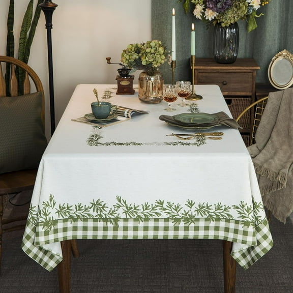Rustic Tablecloth Classic Plant Leaf Printed Linen Fabric Table Cover Farmhouse Decoration 60x102 inches Rectangle/Oblong Ivory/OliveGreen for Kitchen Dining