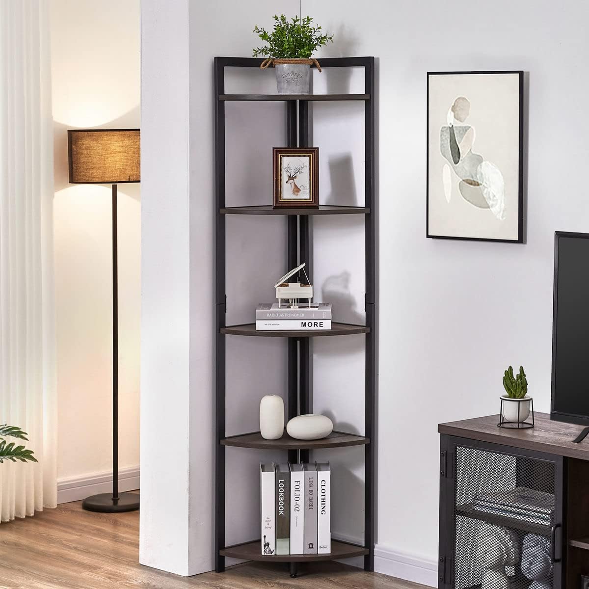 Rustic Tall Corner Shelf, 5 Tier Industrial Corner Bookshelf for Living ...