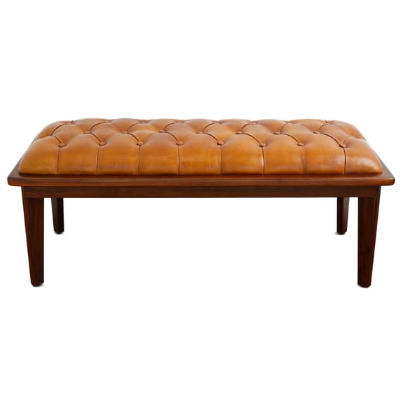 Rustic Tan Leather Bench with Solid Wood Frame / Aesthetic and Durable