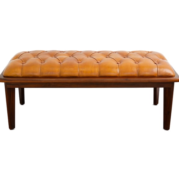 Rustic Tan Mid - Century Bench | Comfortable Sitting for Up to 2 | Genuine Leather and Wood Design | Cleanable with Non - Abrasive Cleaner