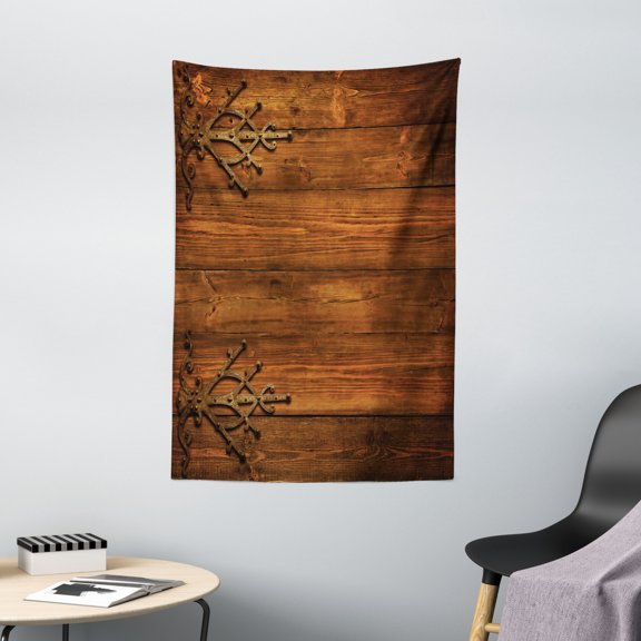 Rustic Tapestry, Antique Backdrop with Carved Dated Gothic Metal Ornaments Retro Fashioned Picture, Wall Hanging for Bedroom Living Room Dorm Decor, 40W X 60L Inches, Dark Rosewood, by Ambesonne