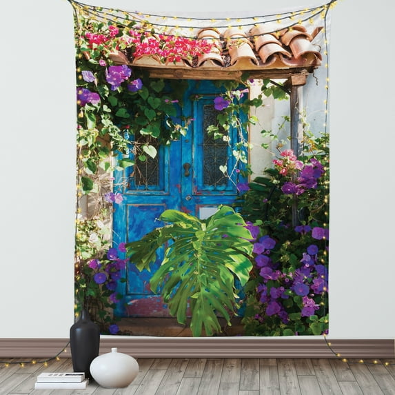 Rustic Tapestry, Charm of Old Door with Overgrown Exotic Flower Petals and Palm Leaves Scene Artwork Print, Wall Hanging for Bedroom Living Room Dorm Decor, 40W X 60L Inches, Multi, by Ambesonne