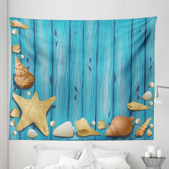 Rustic Tapestry, Digital Cartoon Drawing Shells and Starfish Sea Ocean Coastal Wooden, Fabric Wall Hanging Decor for Bedroom Living Room Dorm, 5 Sizes, Sea Blue Pale Camel Brown, by Ambesonne