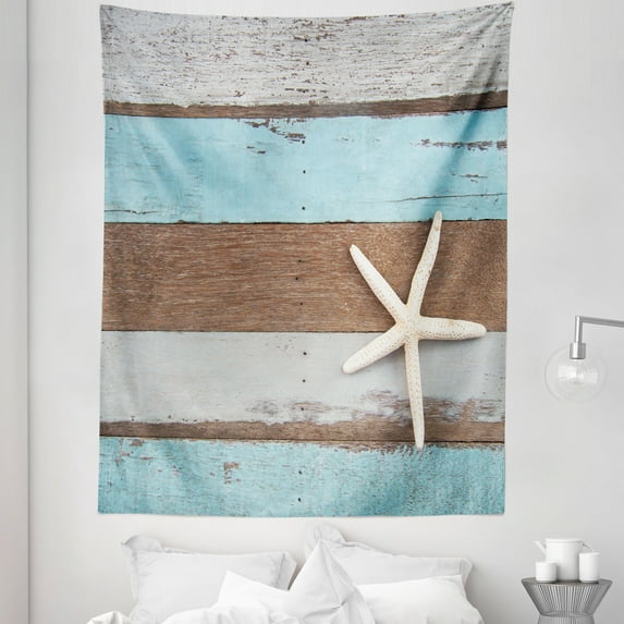 Rustic Tapestry, Nautical Design Starfish on Weathered Marine Wooden Planks Backdrop, Fabric Wall Hanging Decor for Bedroom Living Room Dorm, 5 Sizes, Cocoa Baby Blue Pale Grey, by Ambesonne